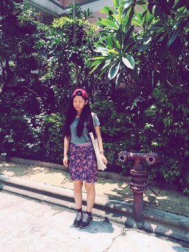 「ZARA TRF（ザラティーアールエフ）のアイテム（スカート、ブルー系）」を使った、rokonanaさん（レディース・159cm）の夏コーディネート