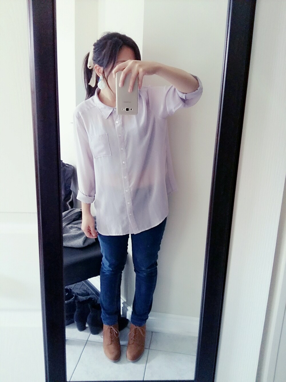 「school、pastel、sweet」｜「CALL IT SPRINGのBrown lace up booties（シューズ、ブラウン系）」を使った、Lydia 🌼 靖琳さん（レディース・153cm）の秋コーディネートの1枚目の写真