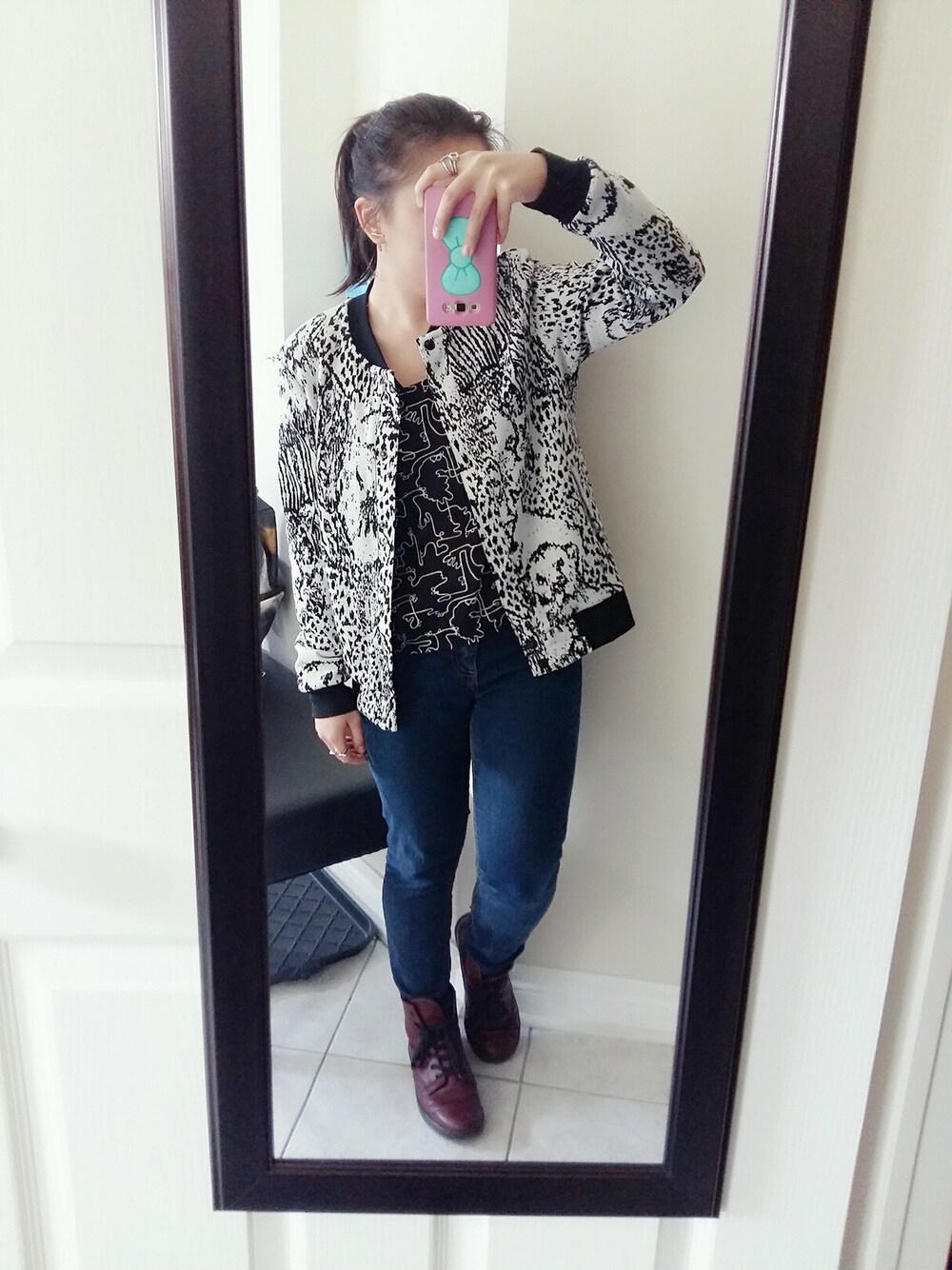 「school、blue、navy、casual、rock」｜「Handmadeのchiffon patterned set (top)（トップス、ブルー系）」を使った、Lydia 🌼 靖琳さん（レディース・153cm）の秋コーディネートの1枚目の写真
