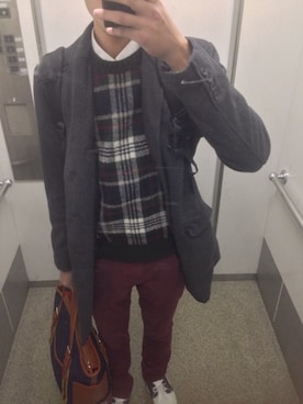 「アイテム（デニムパンツ、レッド系）」を使った、mathさん（メンズ・180cm）の冬コーディネート