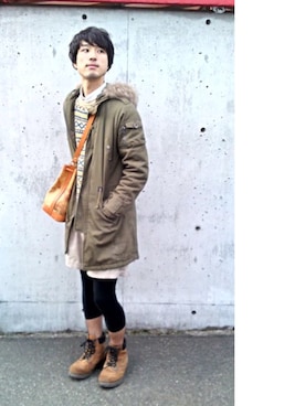 「レギンス×ショートパンツ」｜「アイテム（モッズコート）」を使った、マリオさん（メンズ・178cm）の冬コーディネート