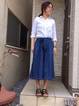 「w closet（ダブルクローゼット）のアイテム（その他パンツ、ブルー系）」を使った、tarakichiさん（レディース・160cm）の春コーディネート