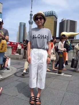 「KBF（ケイビーエフ）のアイテム（その他パンツ、ホワイト系）」を使った、tarakichiさん（レディース・160cm）の夏コーディネート
