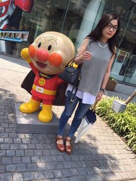 「JEANASIS（ジーナシス）のアイテム（ニット/セーター、グレー系）」を使った、tarakichiさん（レディース・160cm）の夏コーディネート