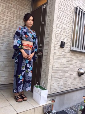 「浅草で購入のアイテム（浴衣、ブルー系）」を使った、tarakichiさん（レディース・160cm）の夏コーディネート