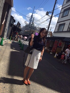 「無印良品（ムジルシリョウヒン）のアイテム（Tシャツ/カットソー、ブルー系）」を使った、tarakichiさん（レディース・160cm）の夏コーディネート