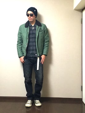 「DEUS EX MACHINA（デウスエクスマキナ）のアイテム（ミリタリージャケット）」を使った、たけまるさん（メンズ・184cm）の秋コーディネート