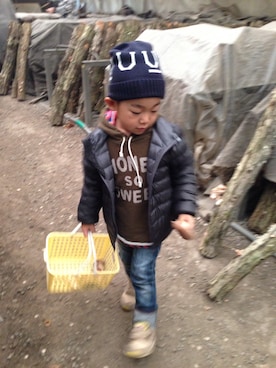 「UU（ユニクロ　アンダーカバー）のアイテム（帽子）」を使った、こーひーさん（キッズ・100cm）の秋コーディネート