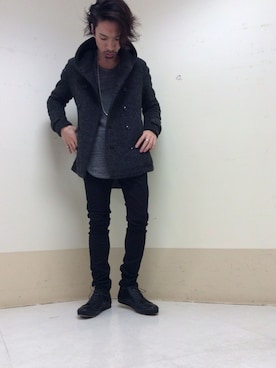 「黒スキニー」｜「アイテム（ピーコート）」を使った、UDAさん（メンズ・165cm）の秋コーディネート