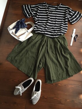 「coca（ANDEX shoes product）（コカ）のアイテム（Tシャツ/カットソー）」を使った、kikiさん（レディース・155cm）の夏コーディネート