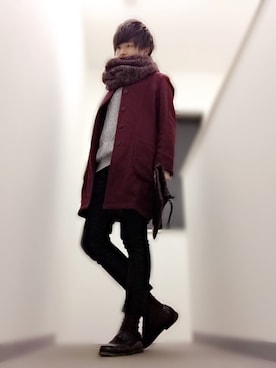 「HARE（ハレ）のアイテム（ステンカラーコート）」を使った、Ryoさん（メンズ・168cm）の冬コーディネート