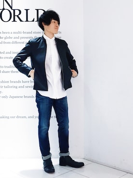 「STUDIOUS（ステュディオス）のアイテム（ライダースジャケット）」を使った、Ryoさん（メンズ・168cm）の冬コーディネート