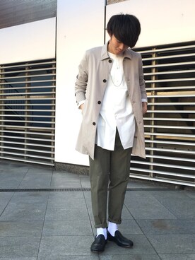 「STUDIOUS（ステュディオス）のアイテム（ステンカラーコート）」を使った、Ryoさん（メンズ・168cm）の春コーディネート