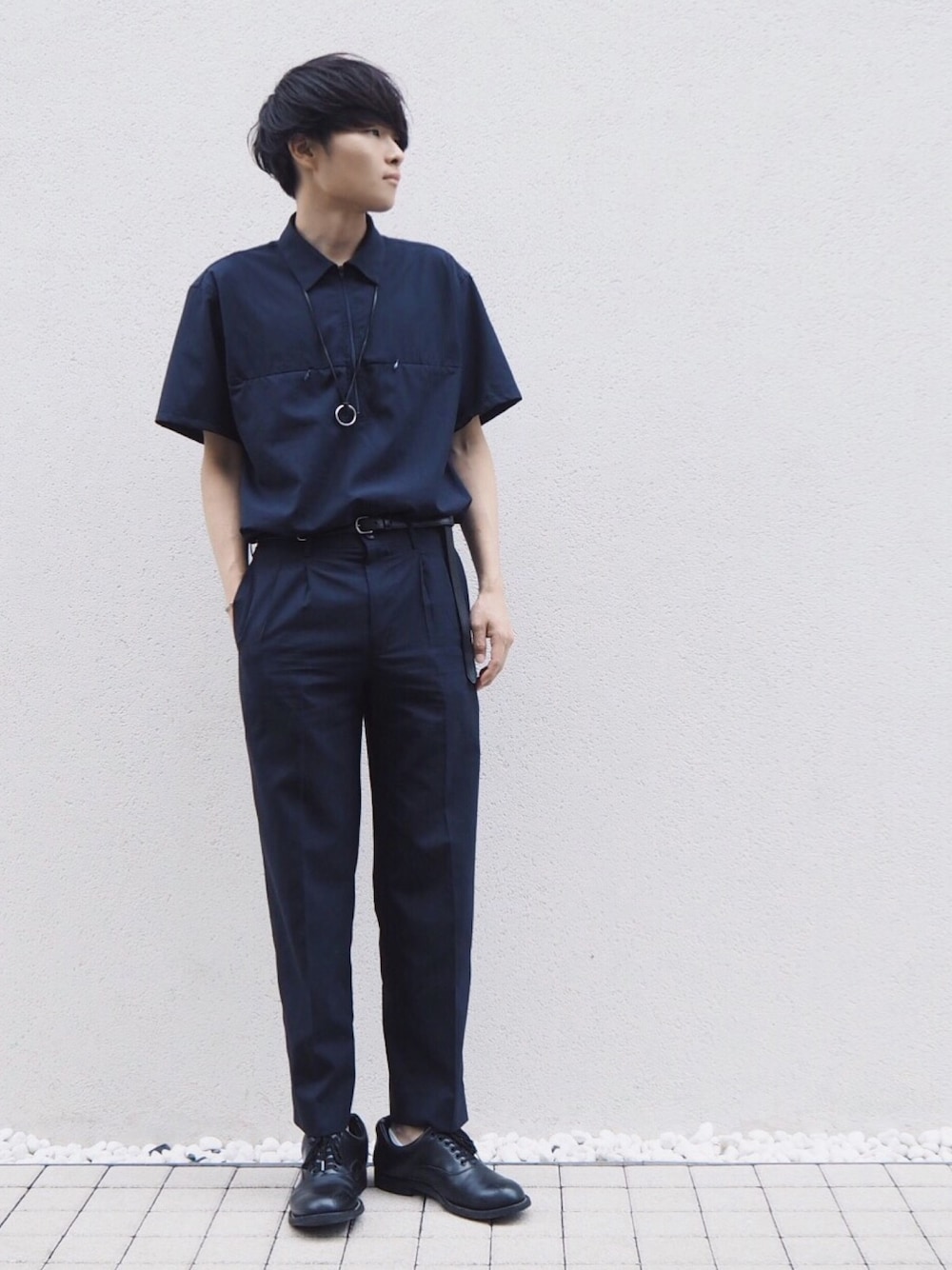 「STUDIOUS、STUDIOUS SELECT(STUDIOUS SELECT)、セットアップ、ワントーンコーデ、ネイビー、夏、夏コーデ」｜「soeのアイテム（シャツ/ブラウス、ブルー系）」を使った、Ryoさん（メンズ・168cm）の夏コーディネートの1枚目の写真