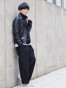 「STUDIOUS（ステュディオス）のアイテム（ライダースジャケット）」を使った、Ryoさん（メンズ・168cm）の秋コーディネート