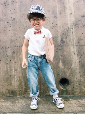 「アイテム（ポロシャツ、ホワイト系）」を使った、Amatonさん（キッズ・110cm）の夏コーディネート