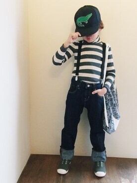 「Mini Rodini（ミニロディーニ）のアイテム（キャップ）」を使った、Amatonさん（キッズ・110cm）の春コーディネート