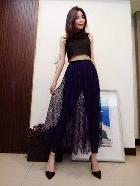 「Ray BEAMS（レイビームス）のRay BEAMS / レースシアー ギャザースカート（スカート）」を使った、Elsaさん（レディース・161cm）の秋コーディネート