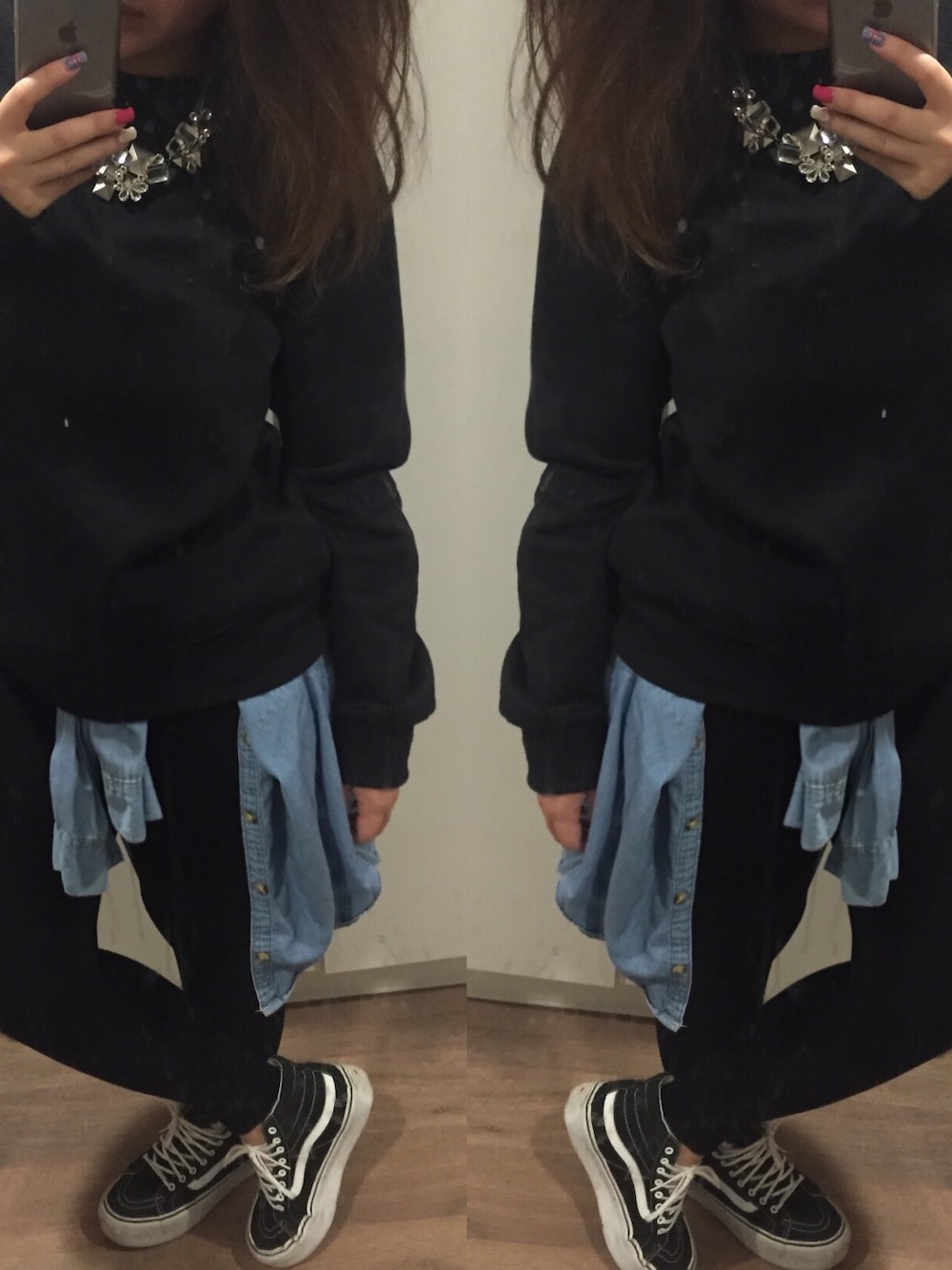 「denim、VANS、hkgirl、black、sweater、ALL BLACK、leggings」｜「PRIMARKのアイテム（スウェット、ブラック系）」を使った、VianNgさん（レディース・160cm）の冬コーディネートの1枚目の写真