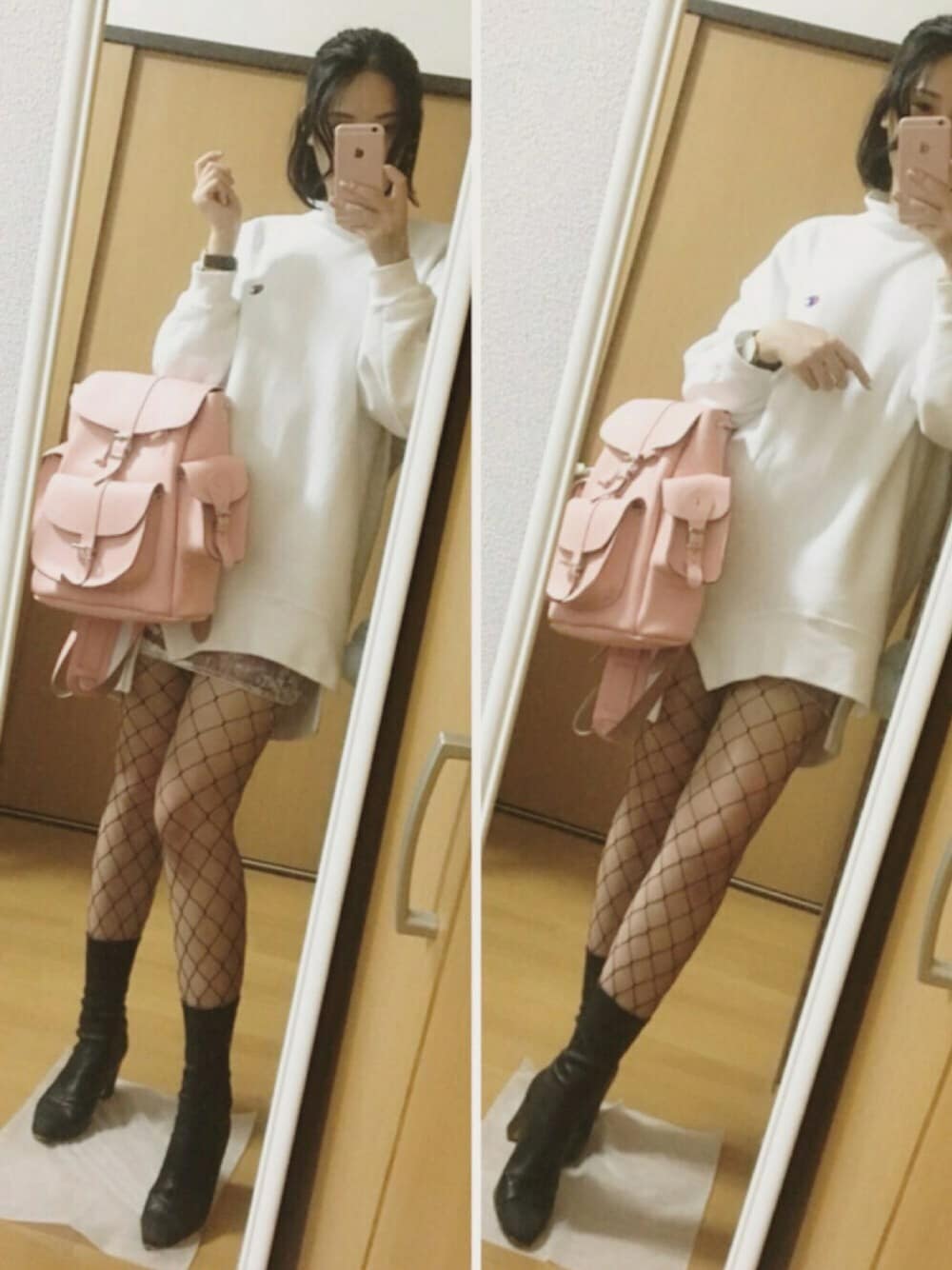「リュック、EMODA×champion、EMODA、網タイツ、tutuanna、ブーティ、セクシー、ミックススタイル、かっこいい、ゆるコーデ」｜「Championのアイテム（パーカー、ホワイト系）」を使った、Lolaさん（レディース・161cm）の秋コーディネートの1枚目の写真