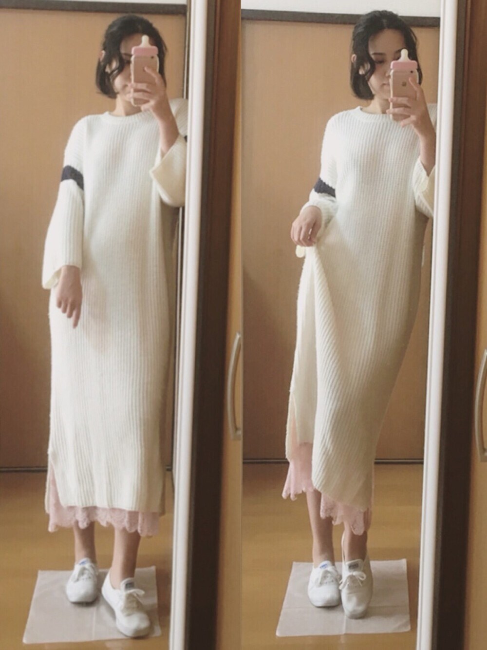 「セーター、ニット、レース、秋のコーデ、ゆるコーデ、シンプル、keds、ピンク、白、カジュアル」｜「lilLillyのアイテム（スカート、ピンク系）」を使った、Lolaさん（レディース・161cm）の秋コーディネートの1枚目の写真