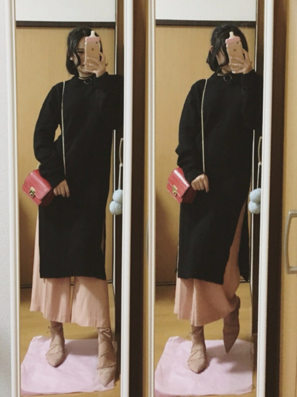 「モード、きれいめカジュアル、ゆるコーデ、ゆるパンツ、ニット、黒ニット、EMODA、パンツスタイル、street、ニットワンピ」｜「EMODAのアイテム（ネックレス、シルバー系）」を使った、Lolaさん（レディース・161cm）の秋コーディネートの1枚目の写真