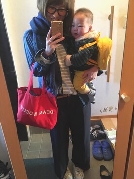 「GLOBAL WORK（グローバルワーク）のTRワイドパンツ/724982（その他パンツ、ブルー系）」を使った、shiinaさん（レディース・163cm）の冬コーディネート