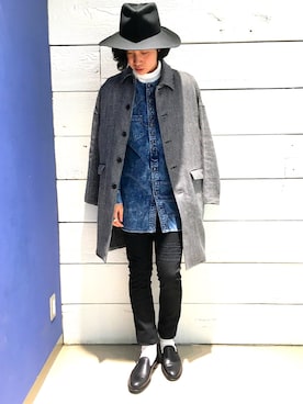「SHAREEF（シャリーフ）のアイテム（ステンカラーコート）」を使った、糸魚川 領太さん（メンズ・178cm）の春コーディネート