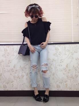 「MURUA（ムルーア）のアイテム（Tシャツ/カットソー、ブラック系）」を使った、あかちゃんさん（レディース・148cm）の夏コーディネート