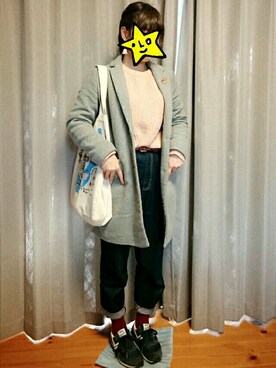 「UNIQLO（ユニクロ）のアイテム（ニット/セーター、ピンク系）」を使った、 かっちょんさん（レディース・158cm）の冬コーディネート
