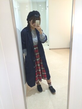 「KBF（ケイビーエフ）のデニムBIGコート（ジャケット/アウター、ブルー系）」を使った、ｓａｙｕさん（レディース・155cm）の春コーディネート