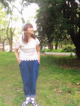 「古着のゆるめのデニム（デニムパンツ、ブルー系）」を使った、ｓａｙｕさん（レディース・155cm）の春コーディネート