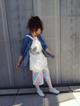 「adidas（アディダス）のアイテム（Tシャツ/カットソー、ホワイト系）」を使った、ｓａｙｕさん（レディース・155cm）の夏コーディネート