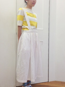 「My Fav. CHILD WOMAN（マイファブチャイルドウーマン）のビッグボーダー　半袖プルオーバー（Tシャツ/カットソー、イエロー系）」を使った、chiiiさん（レディース・152cm）の夏コーディネート