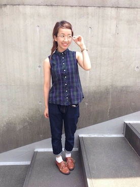 「My Fav. CHILD WOMAN（マイファブチャイルドウーマン）のMy Fav.12.5ozデニム　ゆるスリムパンツ（その他パンツ、ブルー系）」を使った、chiiiさん（レディース・152cm）の夏コーディネート