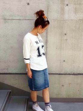 「My Fav. CHILD WOMAN（マイファブチャイルドウーマン）のラガーT-シャツ　７分袖（Tシャツ/カットソー、ホワイト系）」を使った、chiiiさん（レディース・152cm）の夏コーディネート