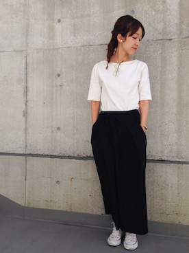 「My Fav. CHILD WOMAN（マイファブチャイルドウーマン）の度詰め天竺　ボートネック５分袖T-SH（Tシャツ/カットソー、ホワイト系）」を使った、chiiiさん（レディース・152cm）の夏コーディネート