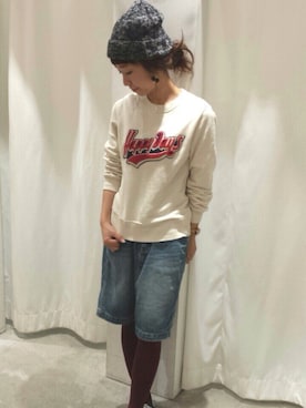 「CHILD WOMAN（チャイルドウーマン）の裏毛×サガラワッペン　クループルオーバー（Tシャツ/カットソー、ホワイト系）」を使った、chiiiさん（レディース・152cm）の秋コーディネート