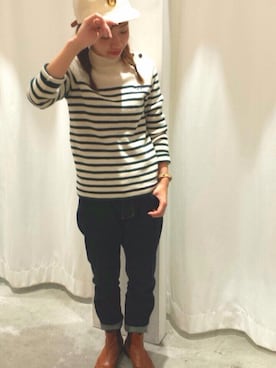 「My Fav. CHILD WOMAN（マイファブチャイルドウーマン）の12GGリブボーダー　チェーン刺繍ハイネックプルオーバー（ニット/セーター、グリーン系）」を使った、chiiiさん（レディース・152cm）の秋コーディネート