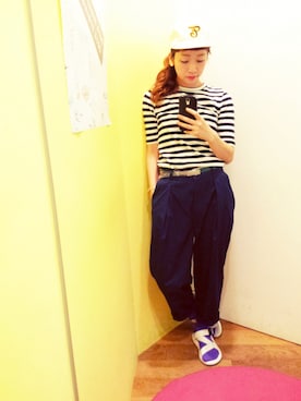 「CHILD WOMAN（チャイルドウーマン）の40ダンプ　テーパードパンツ（その他パンツ、ブルー系）」を使った、chiiiさん（レディース・152cm）の春コーディネート