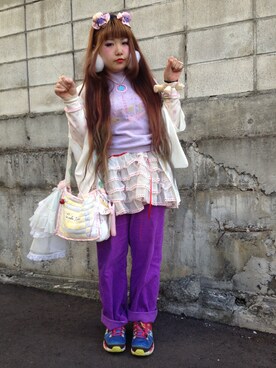 「the Virgin Mary×庄子 佳那さん（スウェット、パープル系）」を使った、ゆまゆまさん（レディース・155cm）の冬コーディネート