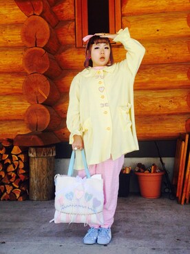 「Fancy a la modeの Fancy bag(彡＾。＾彡)（トートバッグ、ホワイト系）」を使った、ゆまゆまさん（レディース・155cm）の夏コーディネート