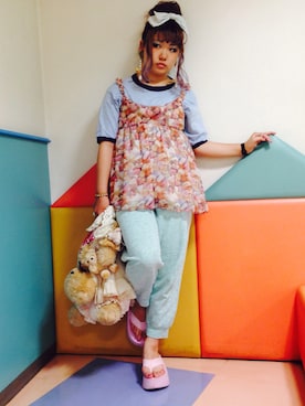 「freckleatのくまちゃんいっぱいbag♡ （ショルダーバッグ、ベージュ系）」を使った、ゆまゆまさん（レディース・155cm）の夏コーディネート