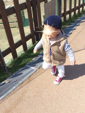 「PETIT BATEAU（プチバトー）のアイテム（ニットキャップ/ビーニー）」を使った、hahahaさん（キッズ・90cm）の春コーディネート
