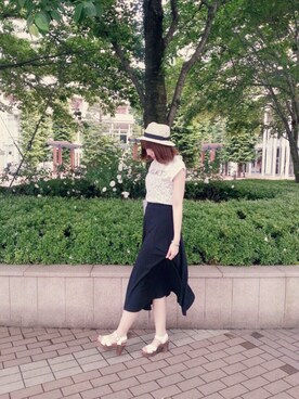 「ミディスカート」｜「アイテム（帽子）」を使った、しおぴさん（レディース・162cm）の夏コーディネート