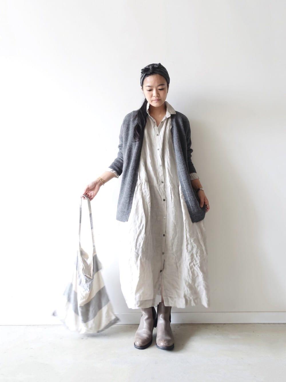 イチアンティークス リネン100% ロングワンピース ブラウン シャツ