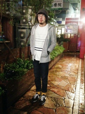 「丸メガネ」｜しゅんやさん（メンズ・168cm）の冬コーディネート