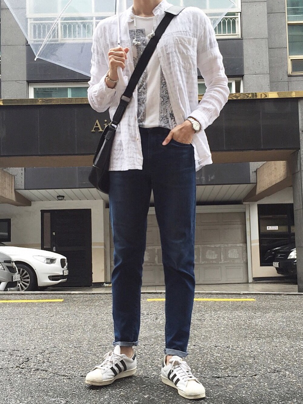 「daily look、ootd、lookbook、men、fashion、street、STYLE、UNIQLO、ZARA、korea」｜「UNIQLOのアイテム（デニムパンツ、ブルー系）」を使った、myeonghoo_さん（メンズ・185cm）の夏コーディネートの1枚目の写真