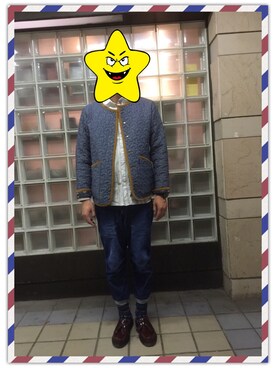 「Ne-net（ネネット）のネルストライプ②（シャツ/ブラウス）」を使った、島鳥烏さん（メンズ・177cm）の秋コーディネート