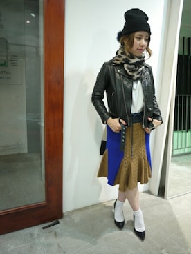 「アイテム（ライダースジャケット）」を使った、ホリユキノさん（レディース・155cm）の秋コーディネート